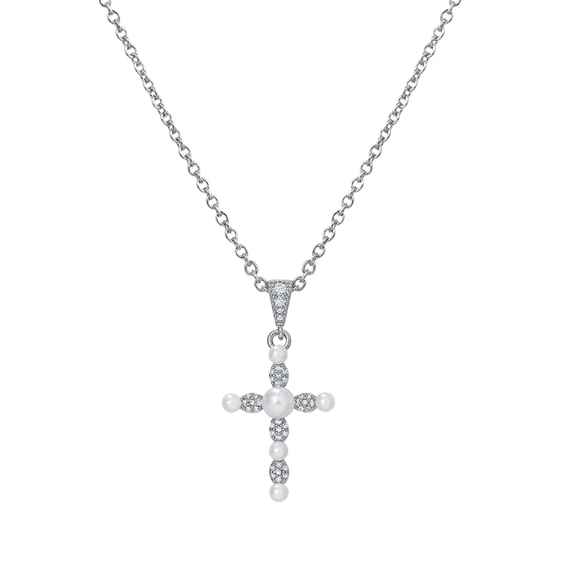 WeimanJewelry Factory Direct Sale New Arrival Exquisite Cubic Zirconia and Shell Pearl Cross Pendant Necklace