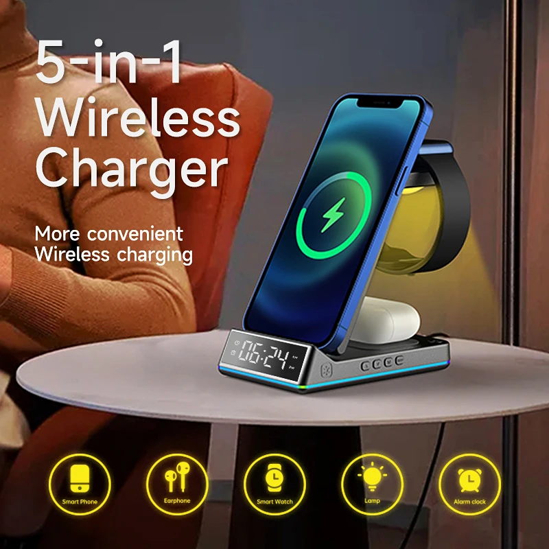 Mobile Phones Holder 2021 Wholesale Wireless Charger 5 in 1 Qi Stand 10W Fast Wireless Charging Adapter for iphone 12 Charger