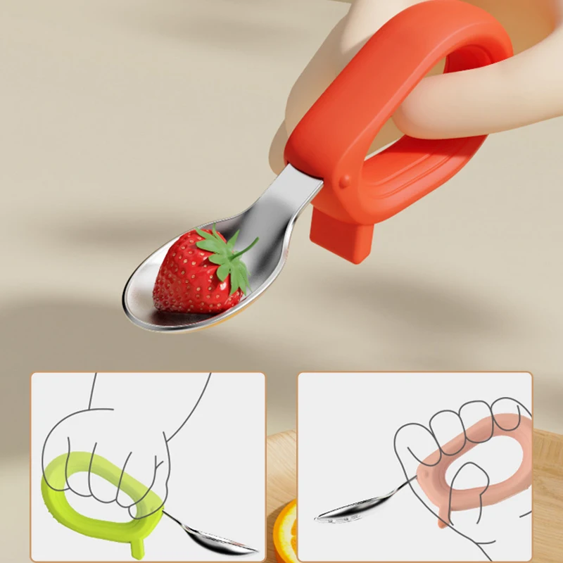 Food Grade Silicone New Design Stainless Steel Baby Spoon Fork Set with Support Eco Friendly Cutlery Set for Child Training Set