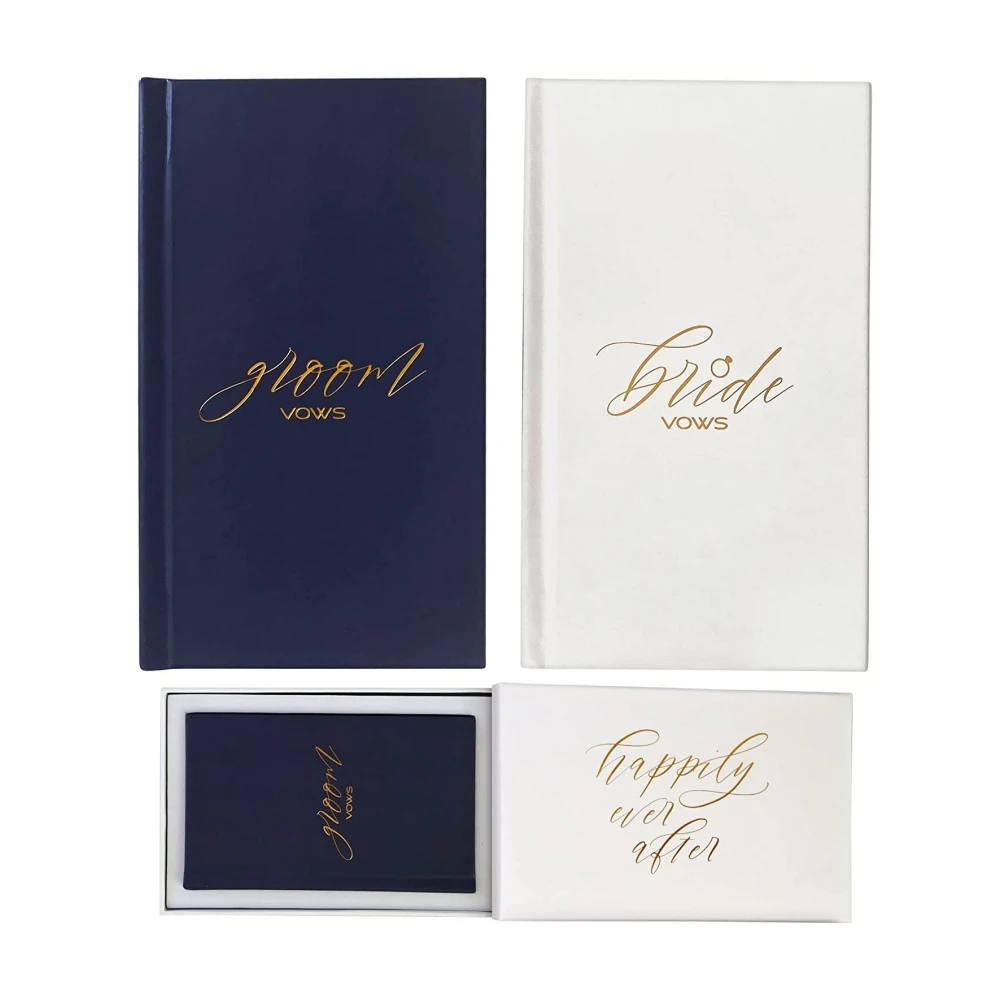 White Navy Cover Book Keepsake Box Gold-foil Lettering Wedding Bride Groom Vow Books
