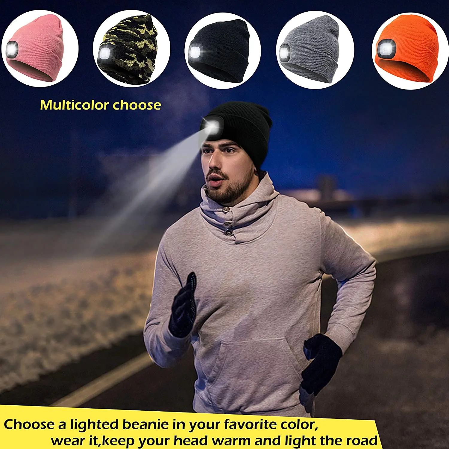 LED Beanie Hat with Light,Unisex USB Rechargeable Hands Free 4 LED Headlamp Cap Winter hats Knitted Night Lighted Hat Flashlight