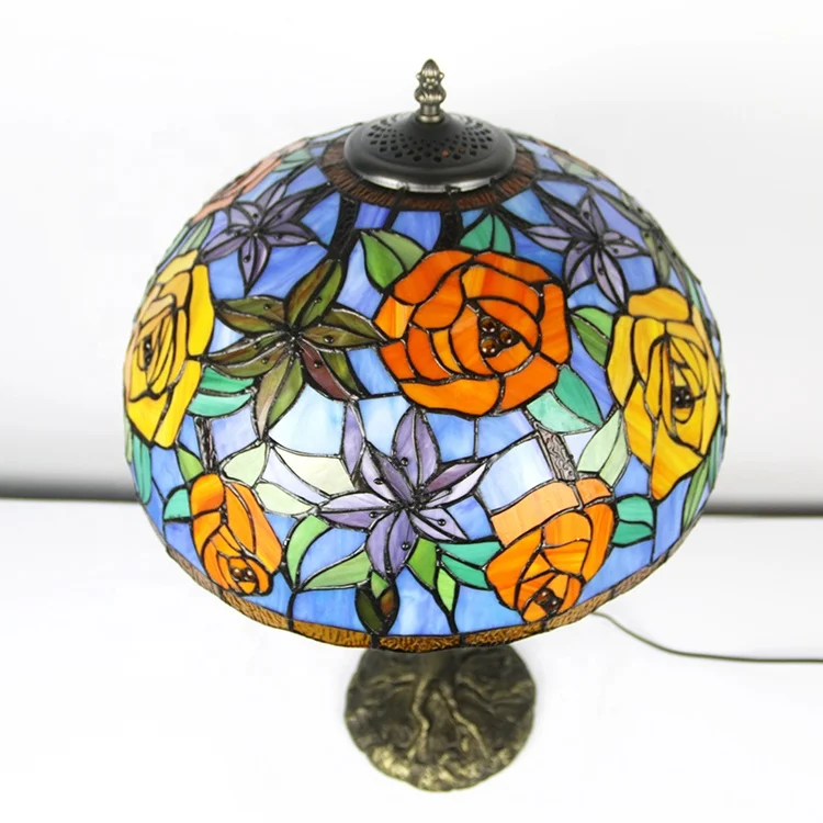 LongHuiJing Tiffany Style Stained Glass Lampshade Desk Lamps Rose Pattern Table Lamps With Antique Base