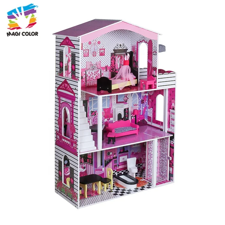 
OEM/ODM girls wooden large dolls house with furniture W06A355C 