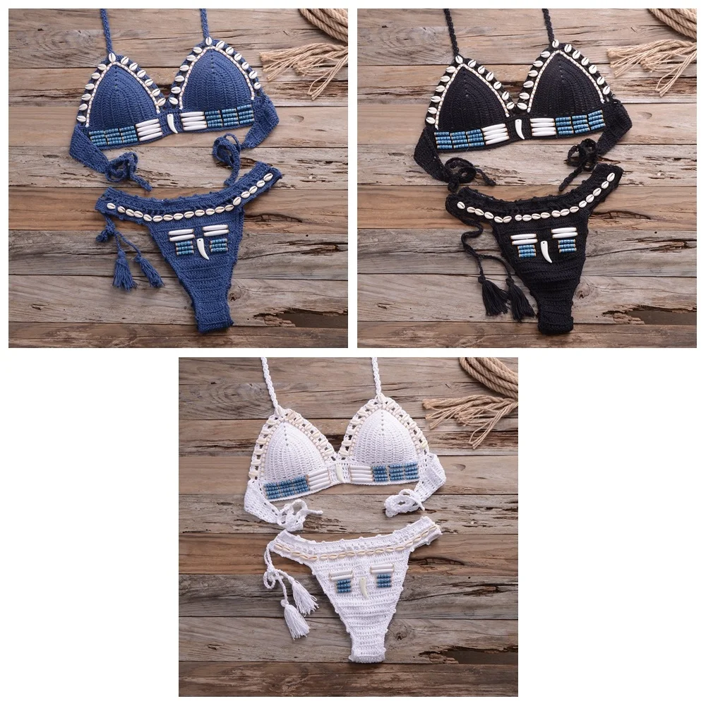 Sexy Handmade Crochet Bikinis Blue Shell Beaded High Quality Swimsuit Women Push Up Swimwear Knitted Beachwear Bathing Suits
