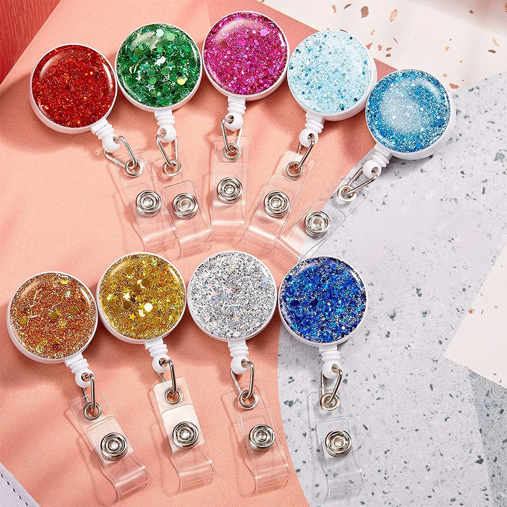 Fashion Design Glitter Reel Badge Retractable Round Nurse ABS Badge Holder With 360 Degree  Alligator Clip