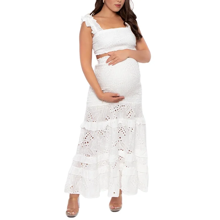 Custom maternity casual cotton hollow out dresses women pregnant clothes two piece eyelet skirt