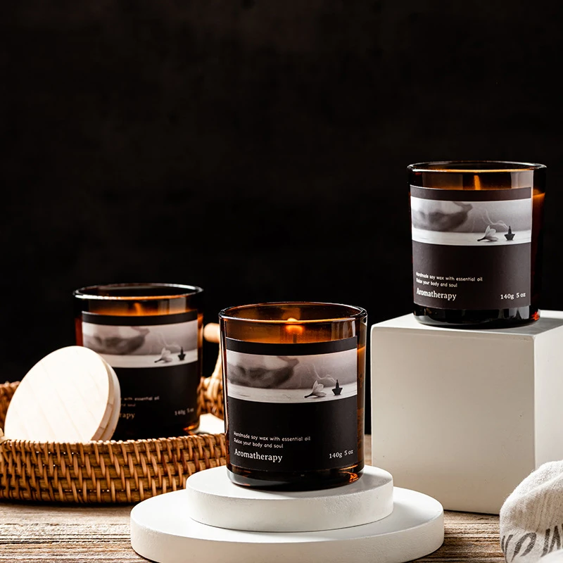 Candles Scented Candles With Amber Color Glass Jar Wood Lid