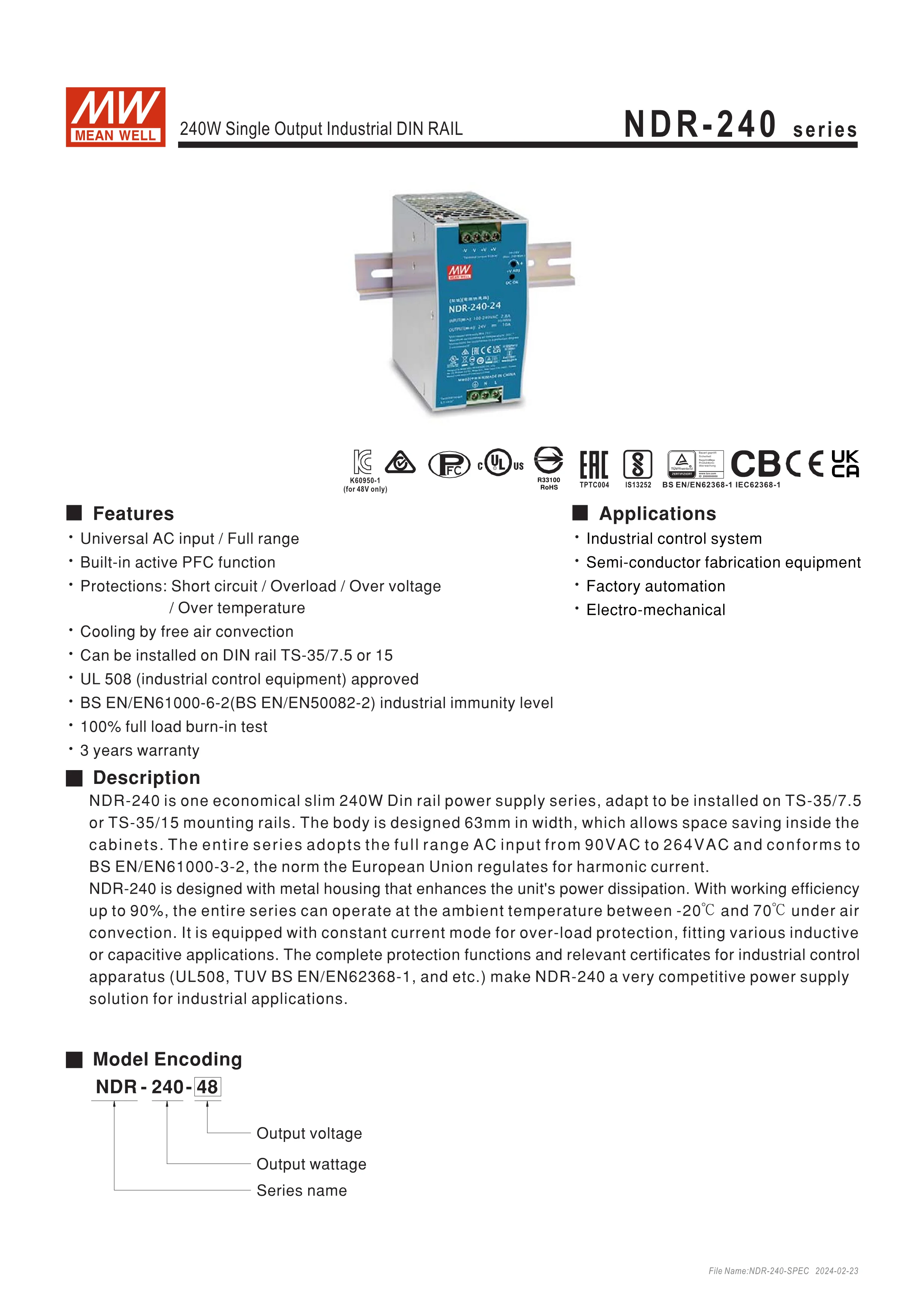 Original Mean Well 240W Single Output Industrial DIN RAIL NDR-240-48 Meanwell Power Supply 48V 5A