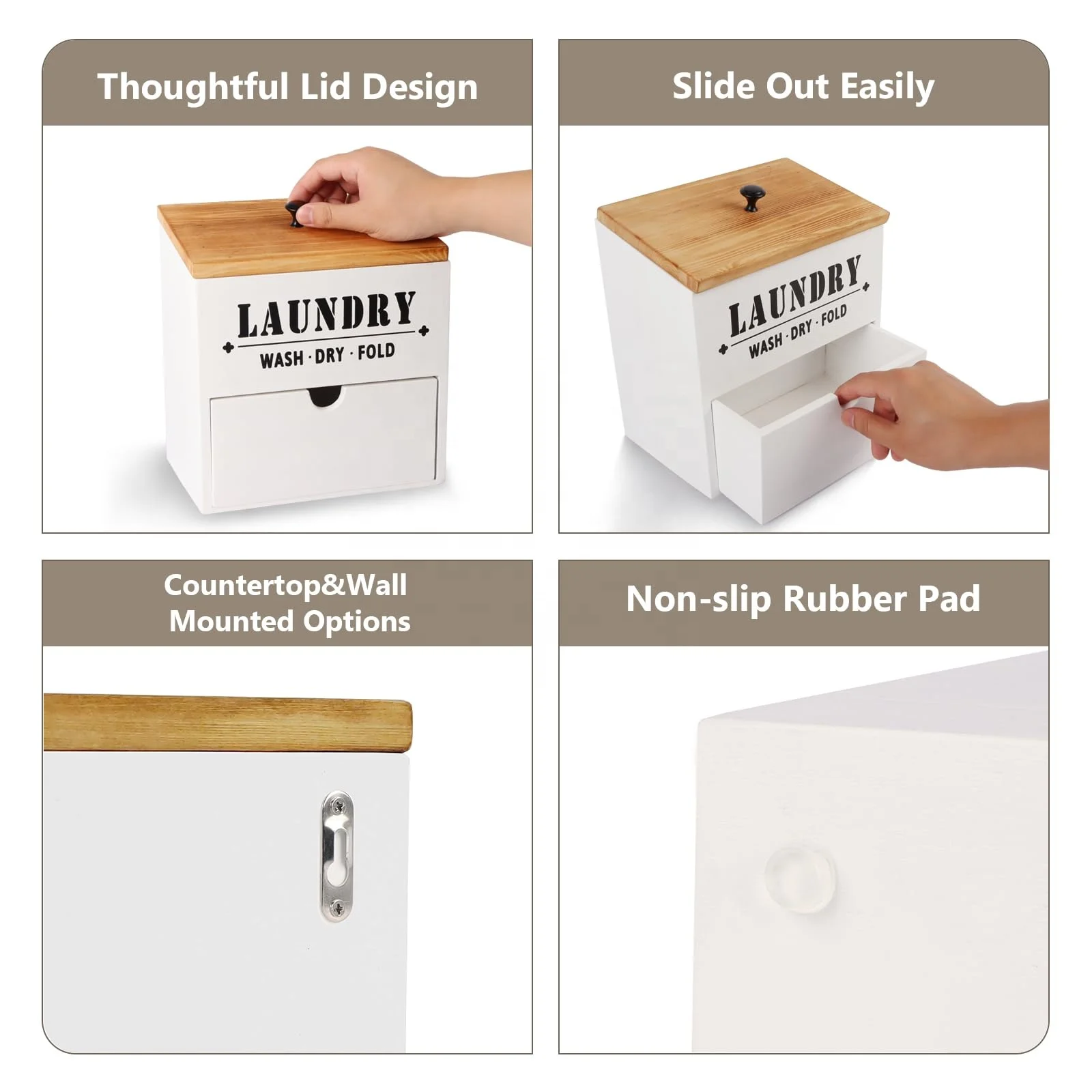 Hot selling home high quality laundry room wooden desiccant storage box laundry pod container Laundry Dryer Sheet Dispenser