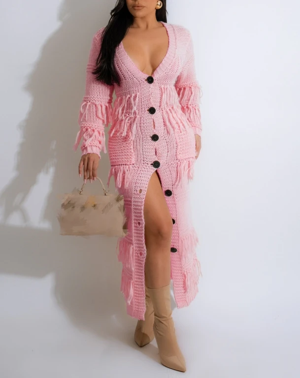 2024 Autumn Winter Long Sleeve Knitted Long Dresses For Women V-neck Tassel Pockets Single-breasted Party Club Sweater Dress