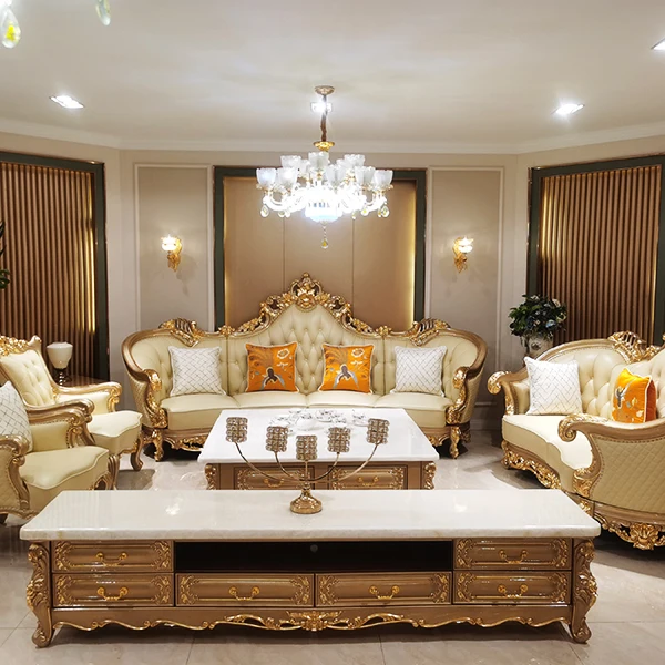 European luxury classical wooden living room TV table furniture set golden carved wood frame marble top TV stand