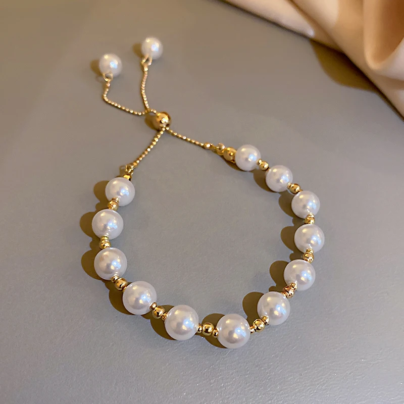 fashion trendy beads pearl bracelet gold plated