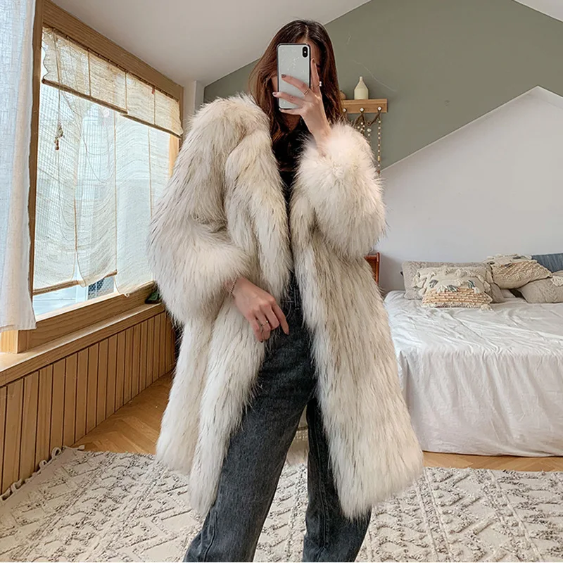 Winter Warm Furry Fur Jacket White High Quality Casual Faux Fox Fur Women Long Coat