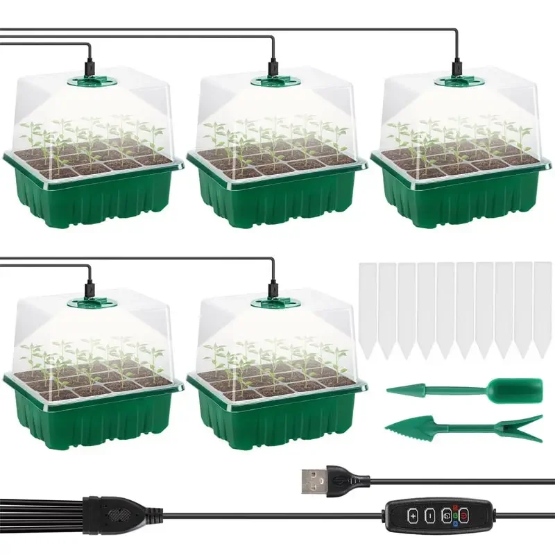 5 pcs a Pack Seed Starter Kit Seed Starter Trays Grow Light 6 Cell Adjustable Humidity Seedling Germination Trays Plant Dome