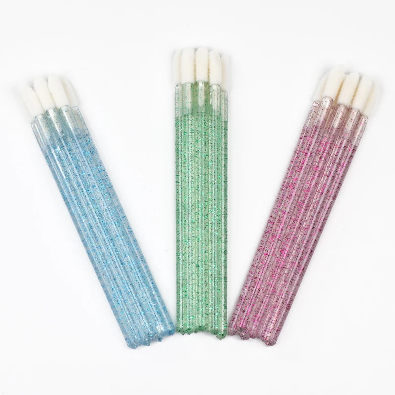 Wholesales Glitter Flocked Head 50 Pack Disposable Lip Gloss Brushes Lipstick Wands Applicator for Makeup Brush Women Girls
