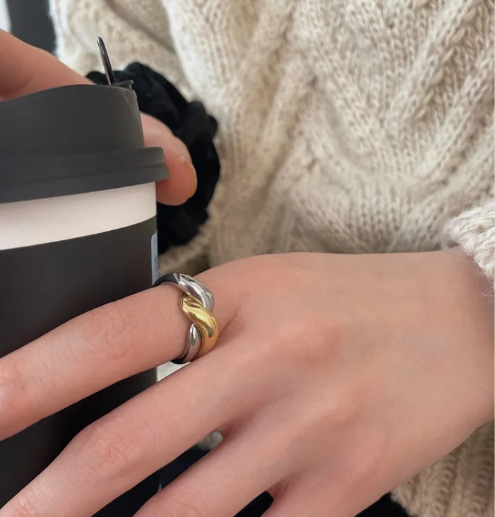 2 Pcs/set 316L Stainless Steel Bending Ring Stackable Silver Gold Plated Wave Adjustable Open Ring for Women