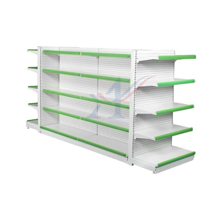 metallic supermarket food display shelf