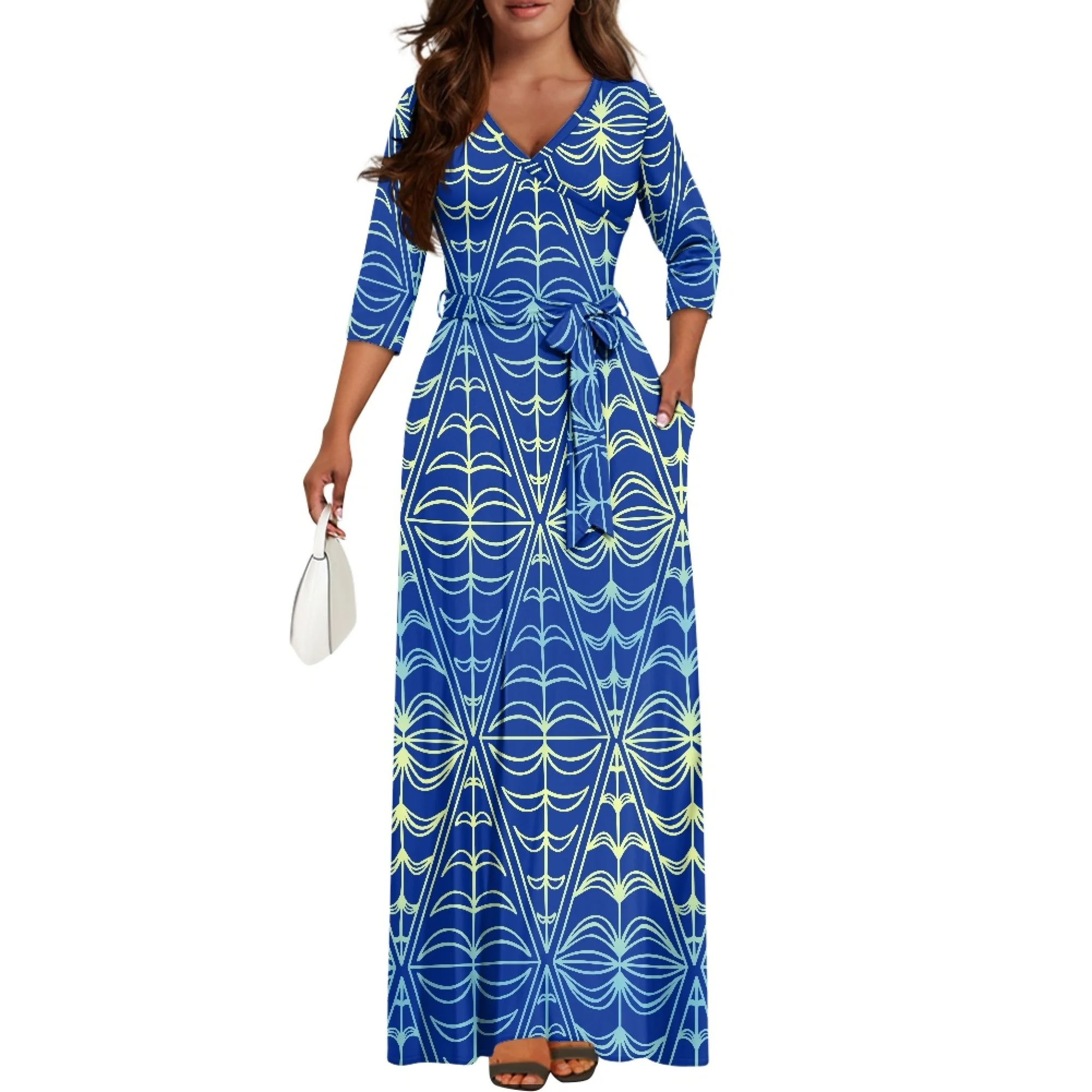 1MOQ Customized Belts Island Style Dress Hawaiian Flower Printed Polynesian Dress Long Maxi Casual Dresses With Side Pocket