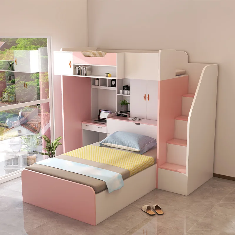 Modern Kids Bedroom Furniture Set Wooden Bunk Bed with Storage Wardrobe and Chest for School Use