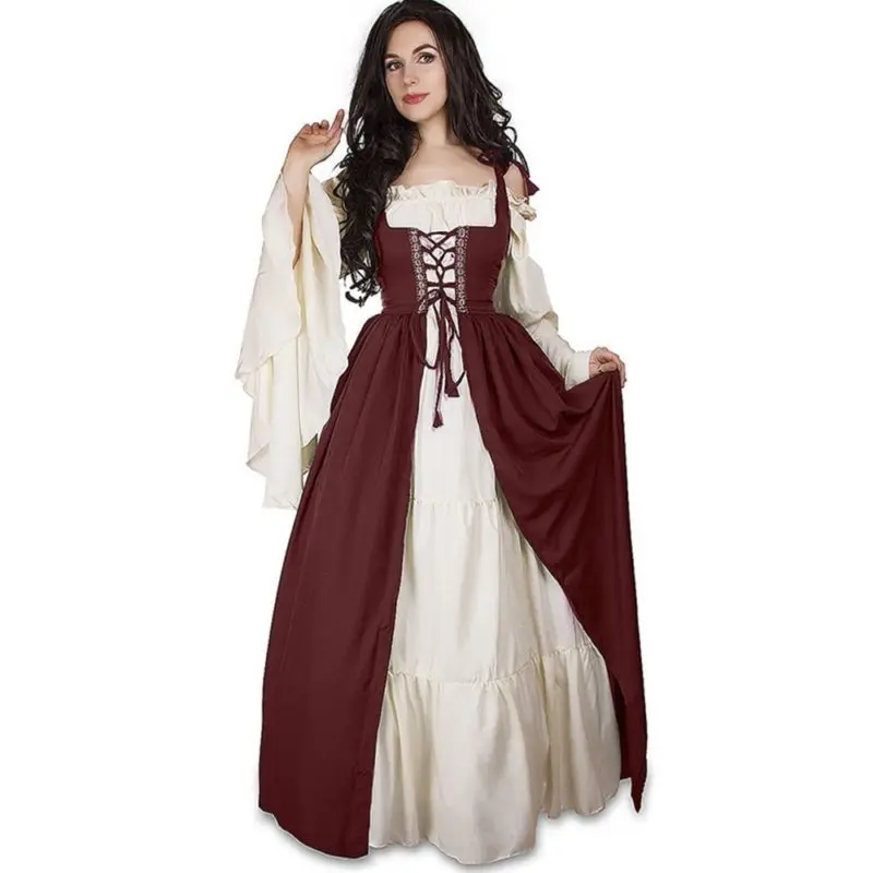 High Quality Adults Square Neck Bundle Corset Medieval Renaissance Vintage Princess Dress Halloween Costume for Women