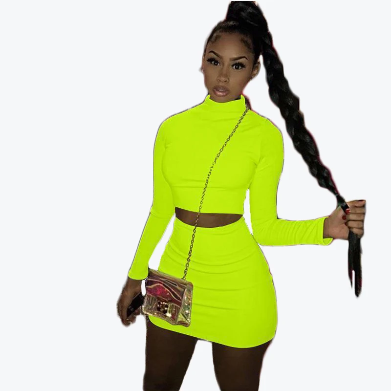 Elegante Vestidos Solid Neon Candy Color Sexy Dress Two Piece Skirt Set Long Sleeve Women Clothing Sets Club Wear