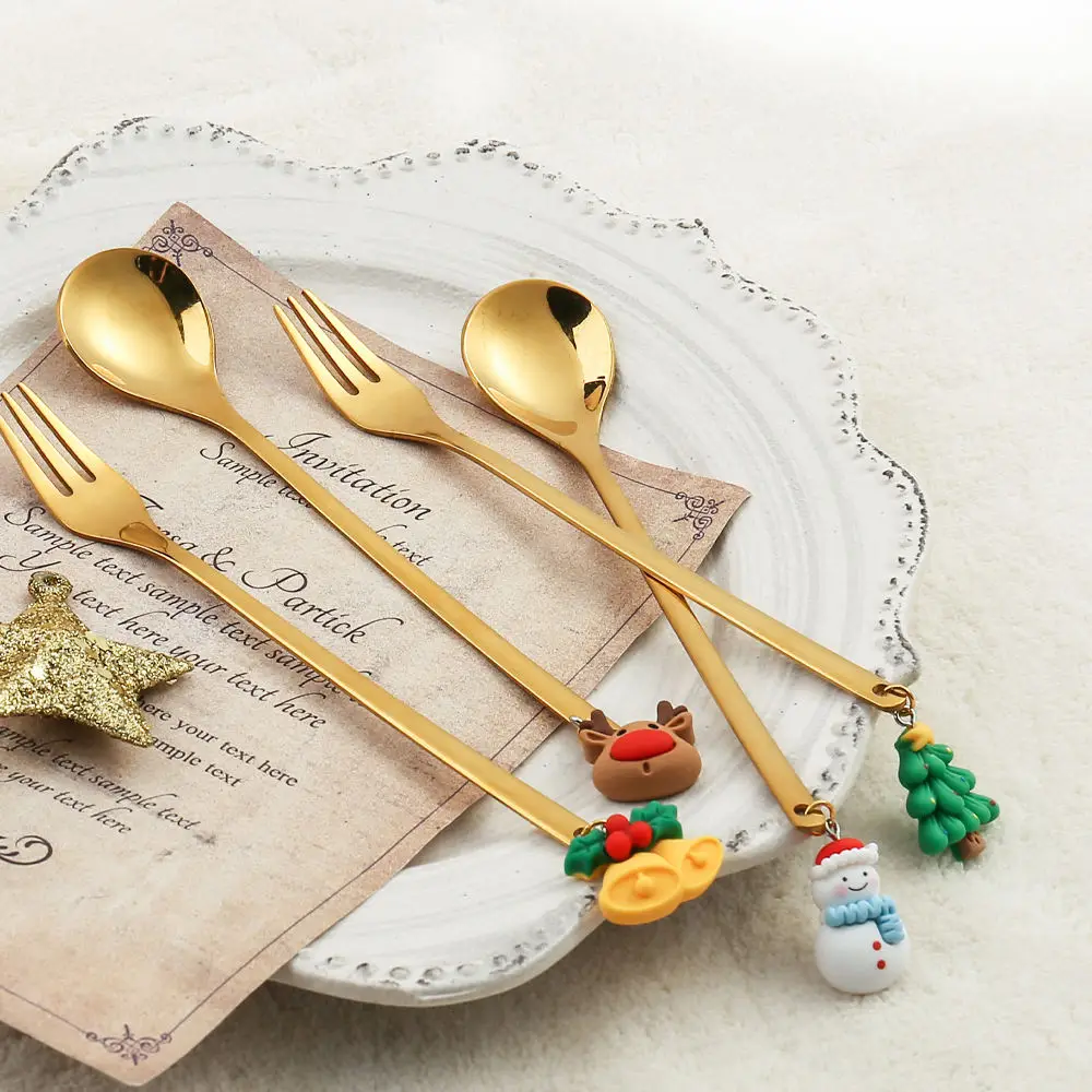 Hot Selling Christmas Gift 6pcs Stainless Steel Gold Teaspoon And Fork Gift Set  Christmas Coffee Spoon Set Cute Cutlery Set