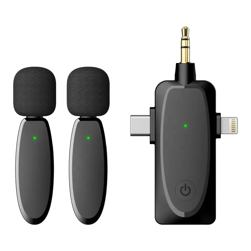 Factory price 3 in 1 low latency noise cancelling black mini mic wireless lavalier microphone professional for android camera