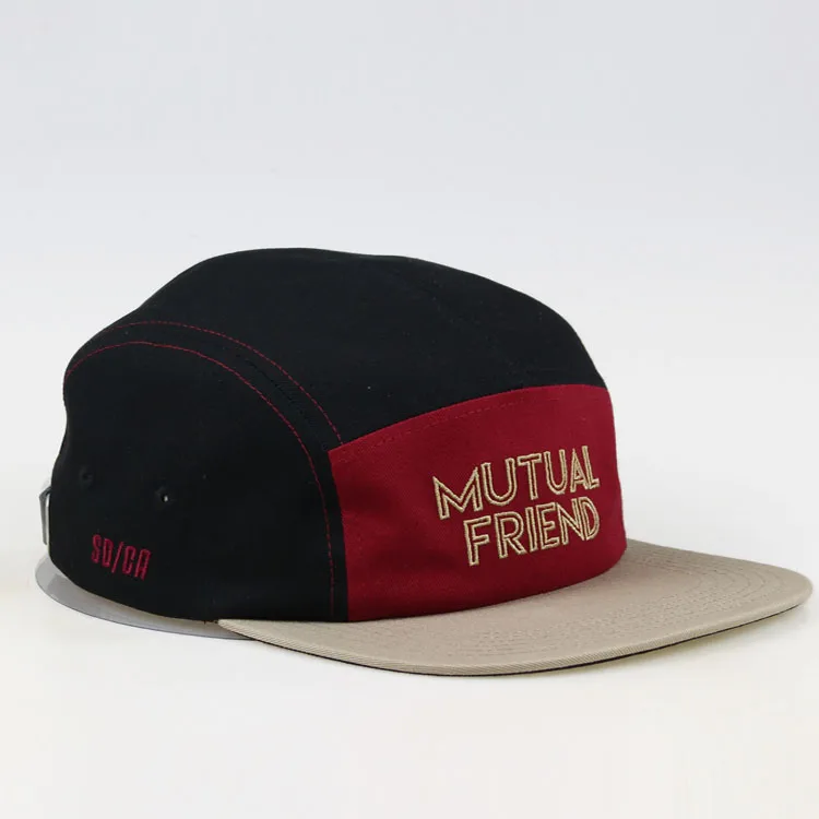 
Manufacturer Wholesale Black Cotton Plain Woven Label 5 panel Camping Cap Hat Flat Brim 