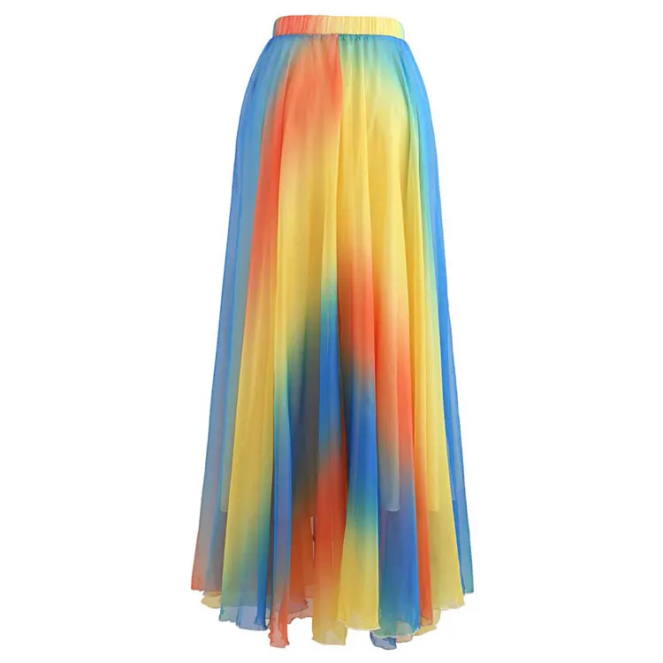 high quality trendy vacation rainbow casual wear colorful beach skirts mujer fashion tie dye chiffon gossamer maxi skirt