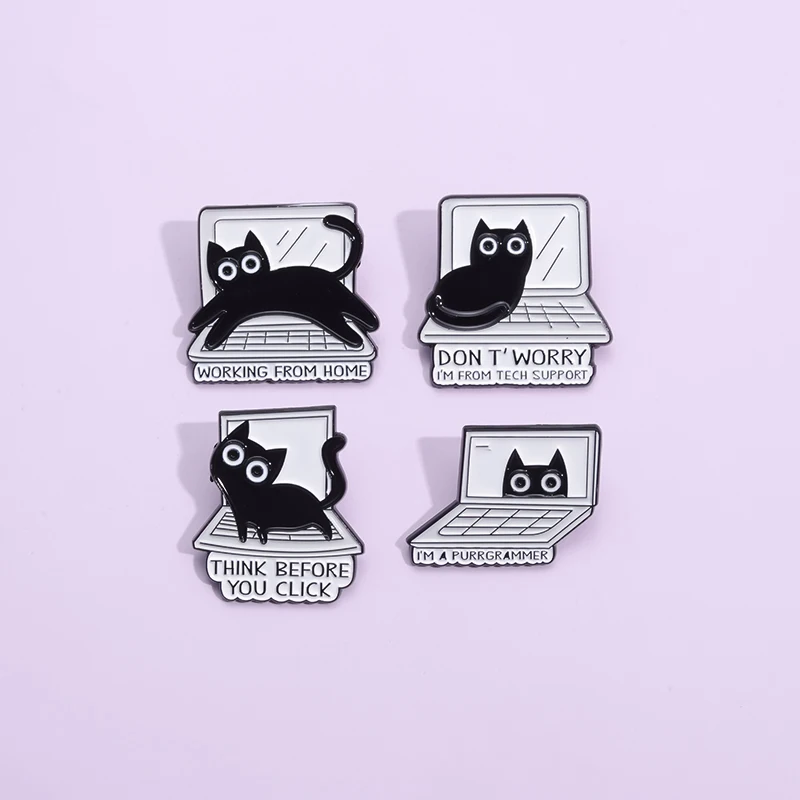 Black Cat Enamel Pins Custom THINK BEFORE YOU CLICK Brooches Lapel Badges WORKING FROM HOME Funny Jewelry Gift for Friends
