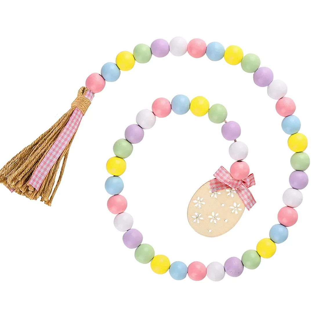 Home Furnishing Decoration Easter Egg Rabbit Wooden Bead Garland Ornament With Tassels