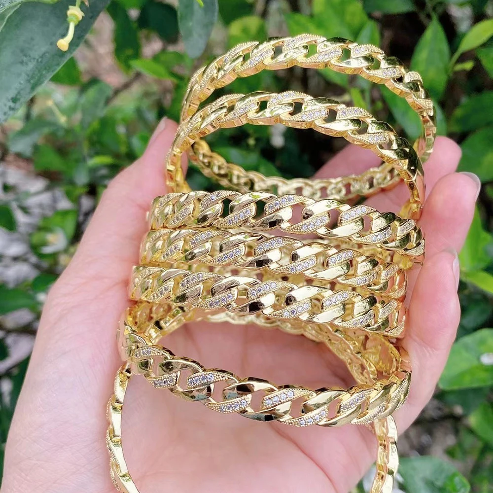 24K Gold Plated Metal Brass Cuban Link Zircon Hawaiian Cuff Bracelet Bangle 2021New Style Design For Women
