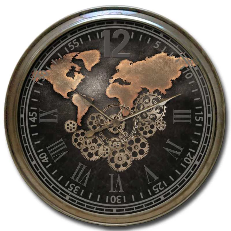 World Map Vintage Style Metal Skeleton Wall Clock Large Size  Wall Clock With Moving Rotating Gears And Roman Numerals on Glass