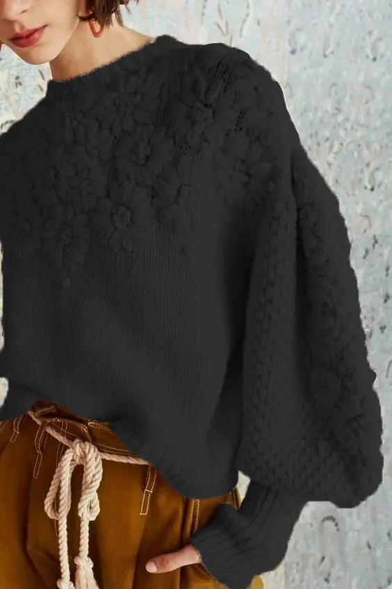 Custom Logo Winter Baggy Loose Tricot Womens Pink Factories Lantern Sleeve Hand Embroidery Woman Pullover Knit Sweater Custom