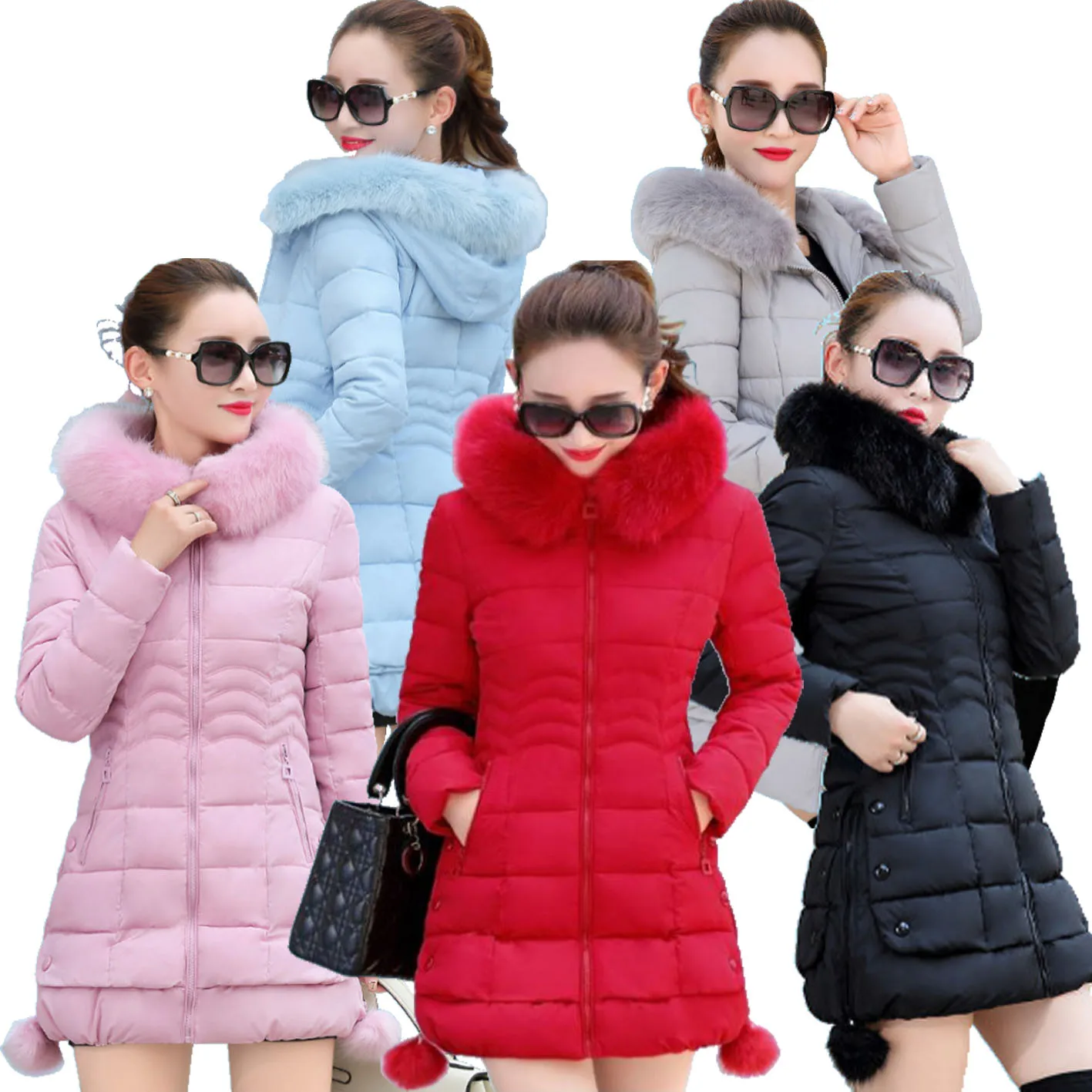 AIMINYZ Newest Wholesale Fashion Ladies Warm Hooded Cotton-padded Clothes In Long Hair Fur Collar For Women With Pocket