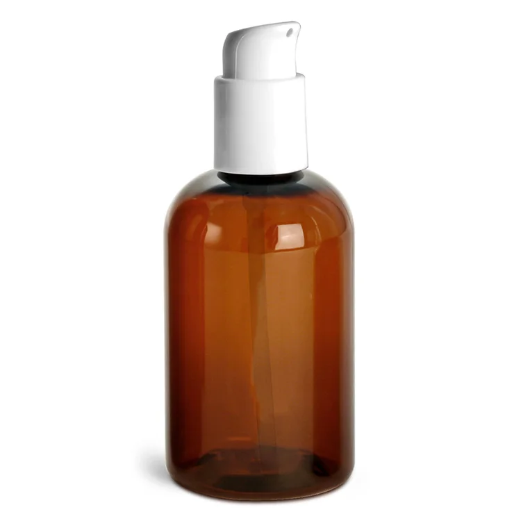 4 oz amber PET plastic boston round bottle with 24-410 neck finish