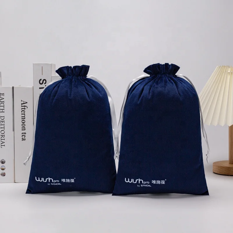 Custom Dark Blue Custom Logo Printed Luxury Soft Velvet Jewelry Drawstring Pouch