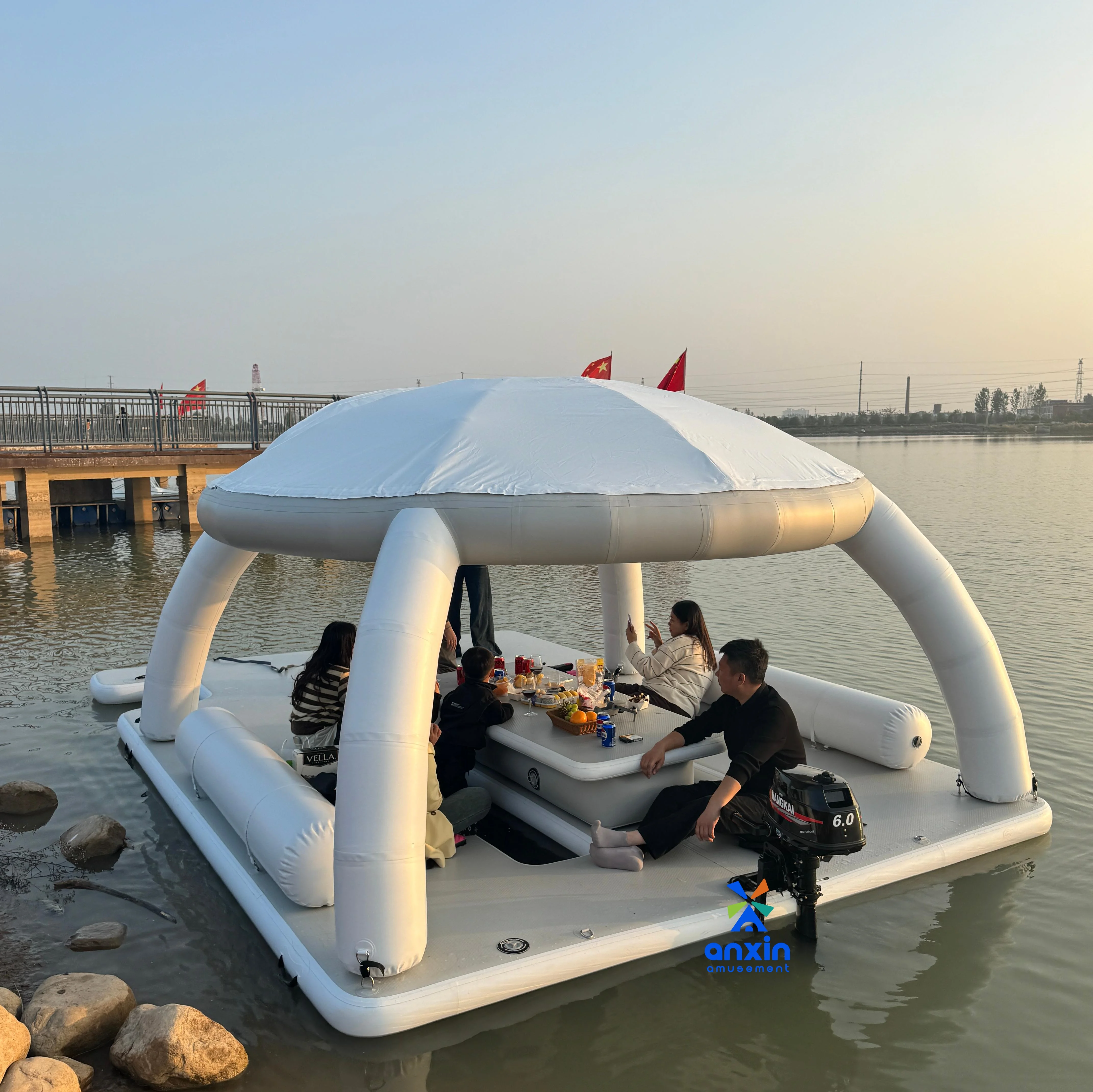 wholesale pontoon swim deck water leisure island driftsun inflatable floating dock platform inflatable mat with tent
