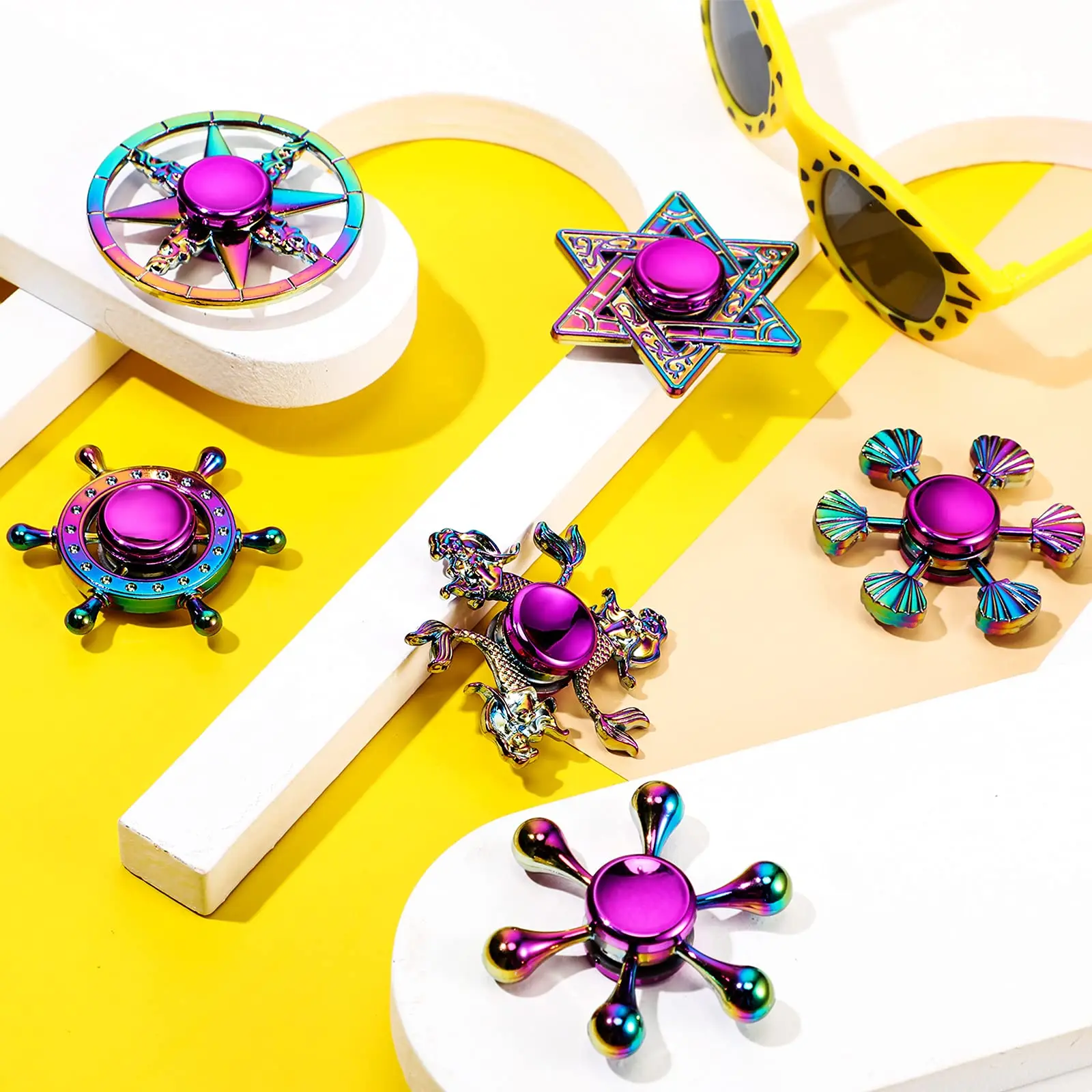 Hot Sale Anti Stress Toy Zinc Alloy Rainbow Dazzling Heptagonal Hand Spinner Gyro Fidget Toys