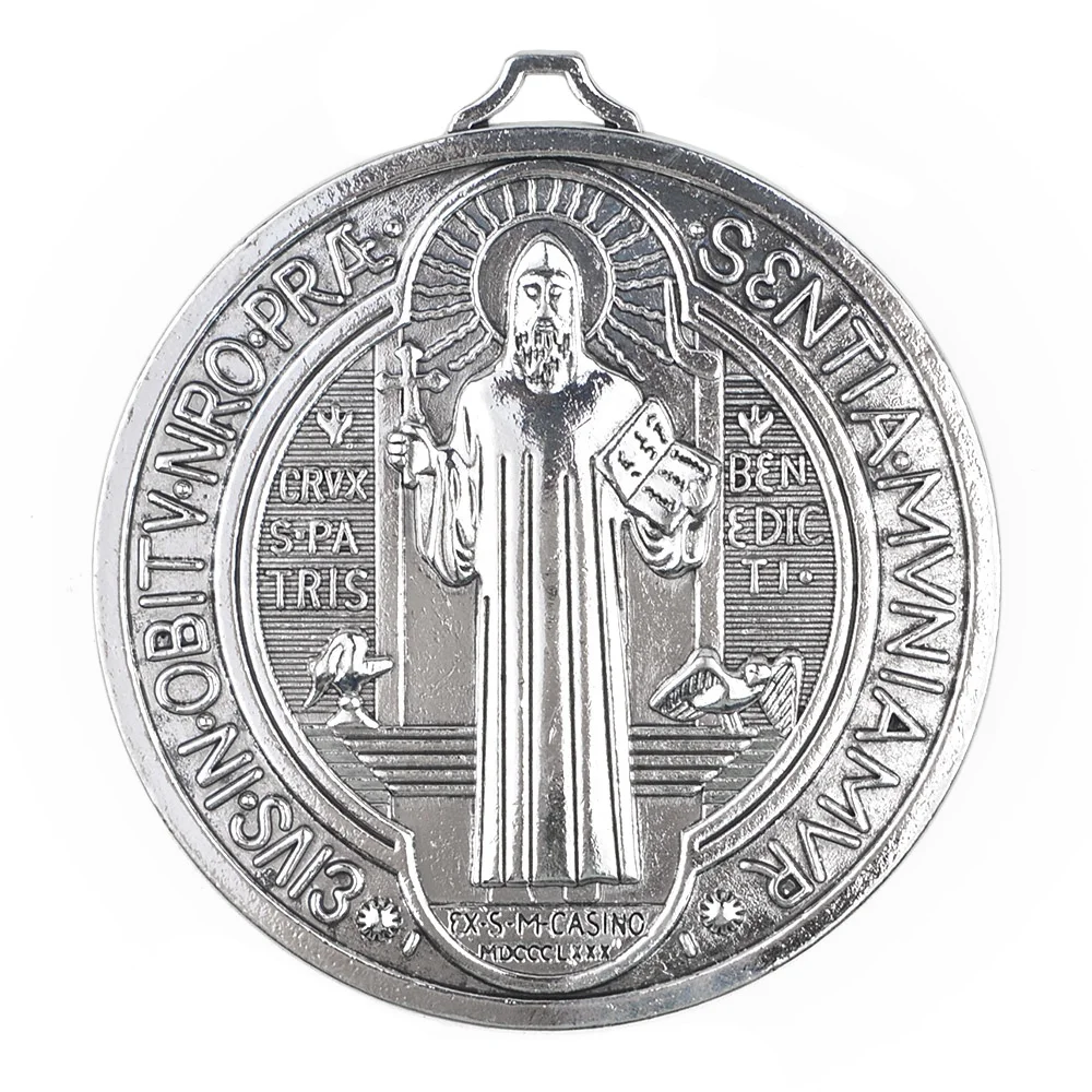High Quality Saint Benedict Medal 76mm Median Size Fashionable Silver Pendant Plated Metal Religious Charm for Children