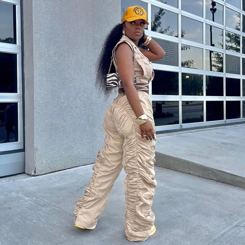 2023 Popular Street Style Pleated Personality Sports Pants Women Fashion Casual Elastic Waist Trousers Ladies