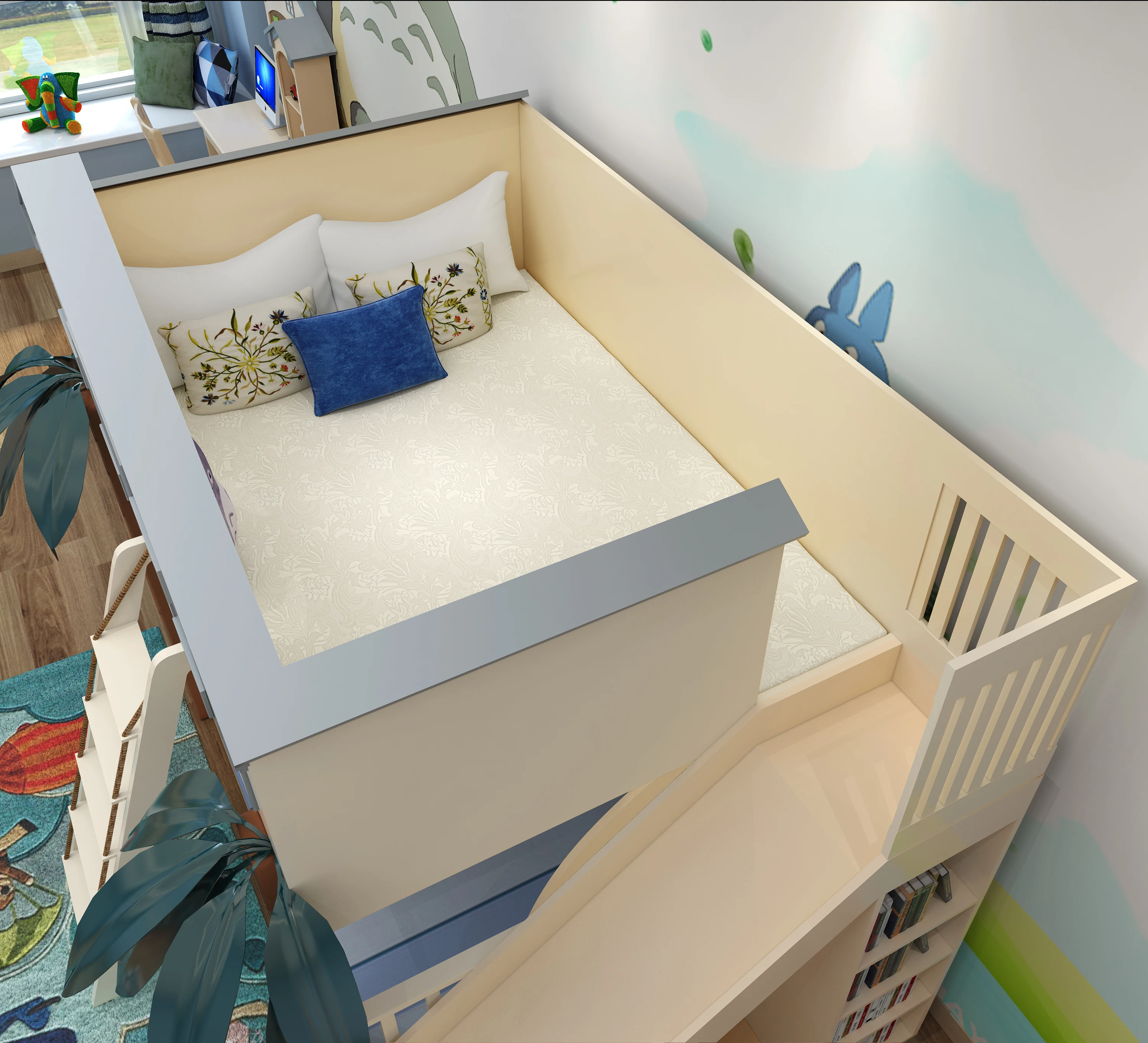 Modern Treehouse style kids up and down bed furniture pink solid wood kids bed Children bunk bed with Slide