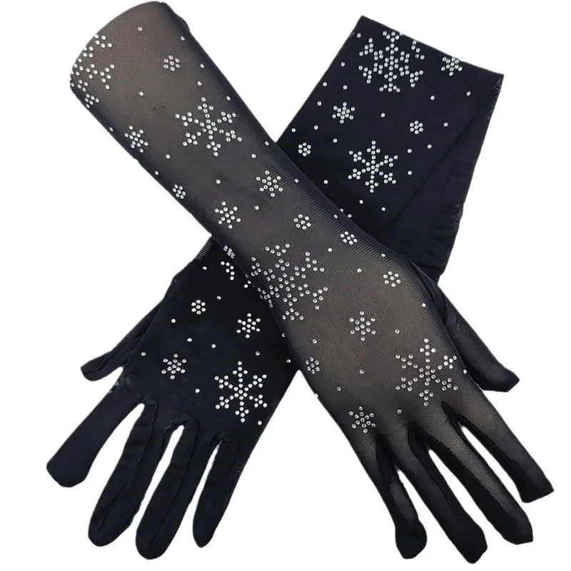 Sexy Long Sheer  Black Rhinestone snowflake  Gloves