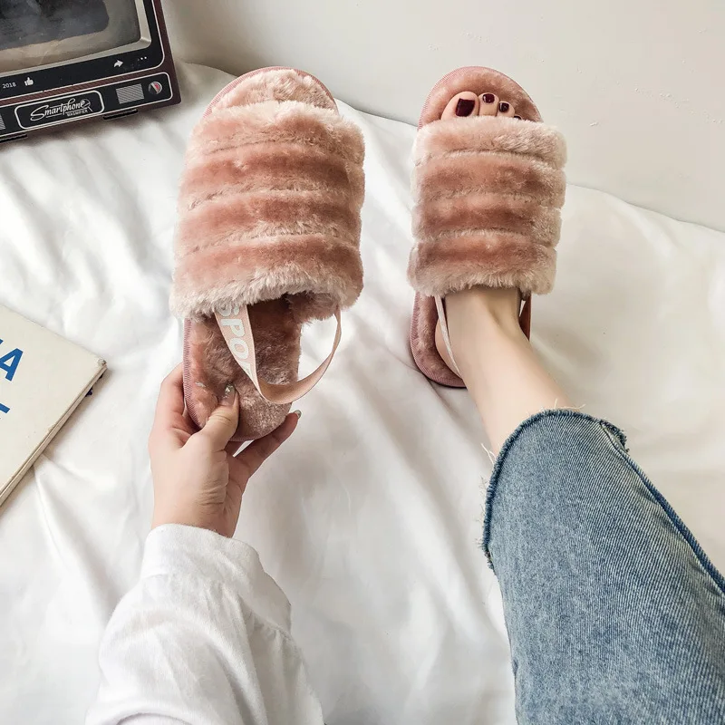 Drop Shipping Women Soft Plush Furry Cozy Open Toe House Flat Slippers Lamb Fur Warm Comfy Sandals Fluff Yeah Slide Slipper