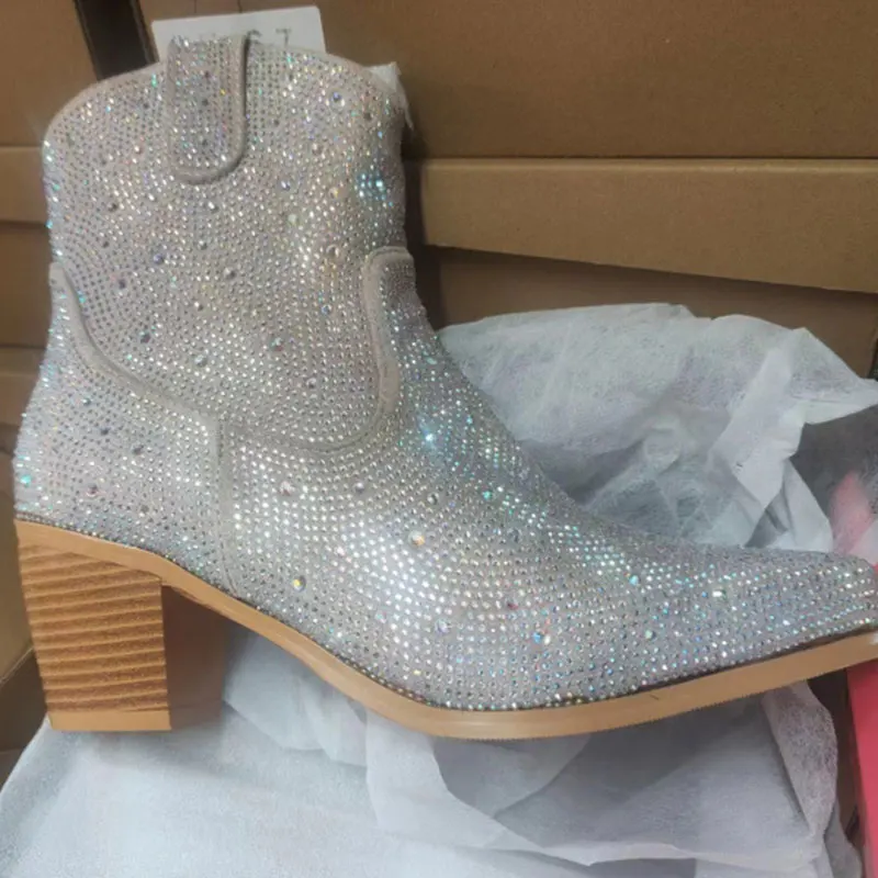Xinzirain Custom Sparkly Rhie Premium Leather Embellished Low Chunky Heel Ankle Cowboy Boots