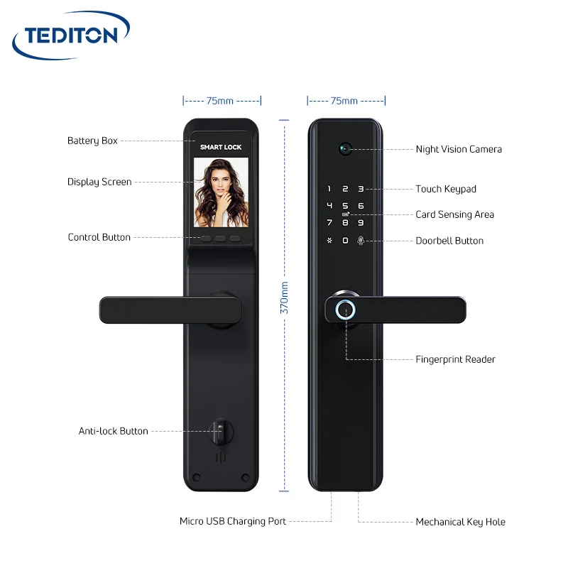 Tediton Outdoor High Security Wifi Remote Control Fingerprint Door Lock Tuya Smart Door Lock with Camera