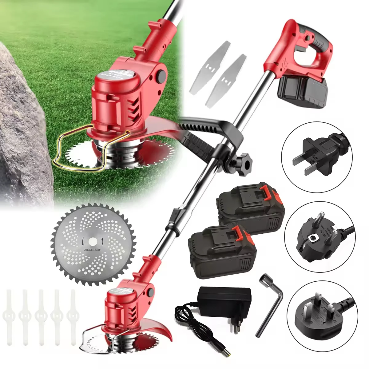 Battery operated weed wacker eater grass cutter cutting machine cordless electric lawn mower power string trimmer