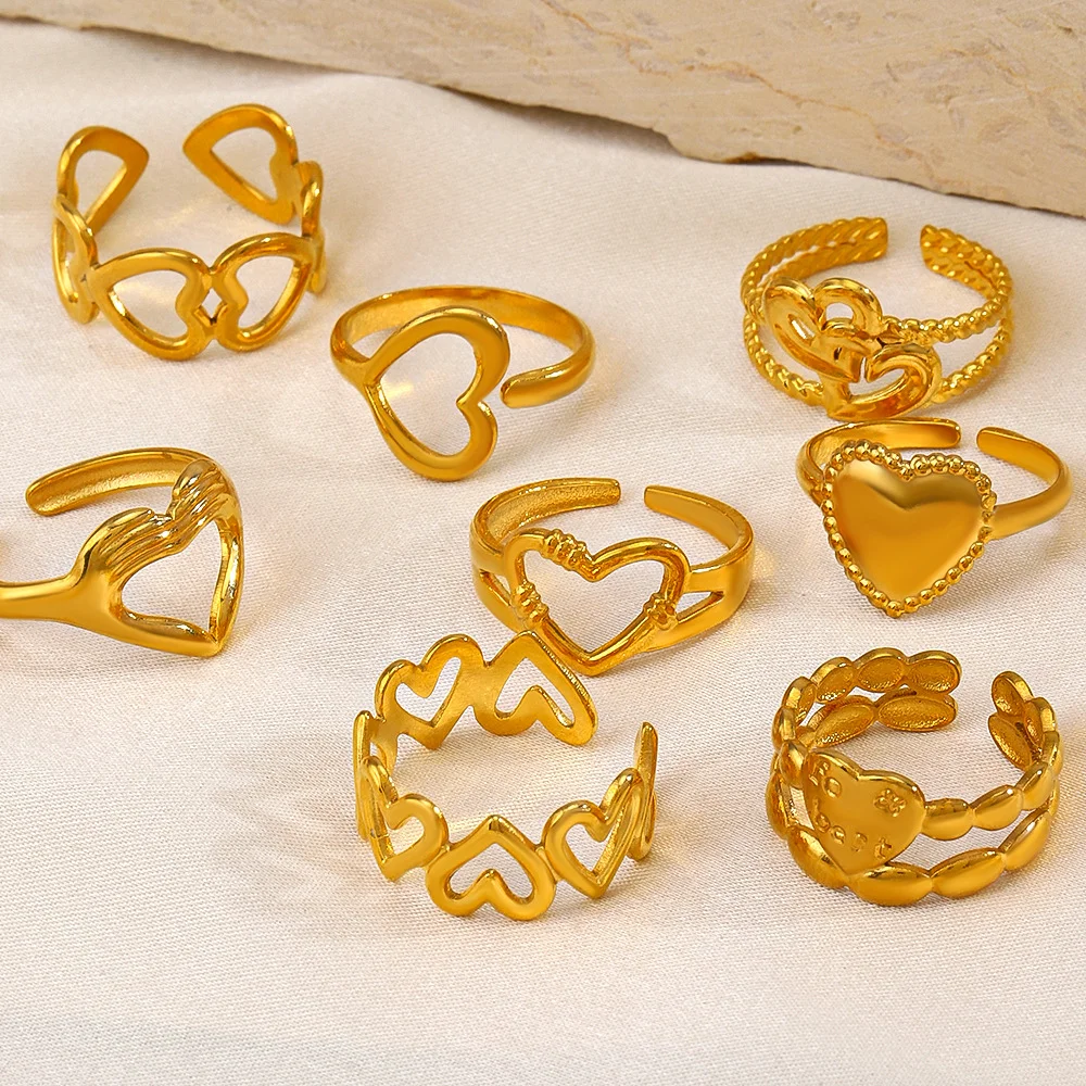 Romantic French Style Stainless Steel Jewelry 18K Gold Plated Heart Adjustable Open Rings For Women