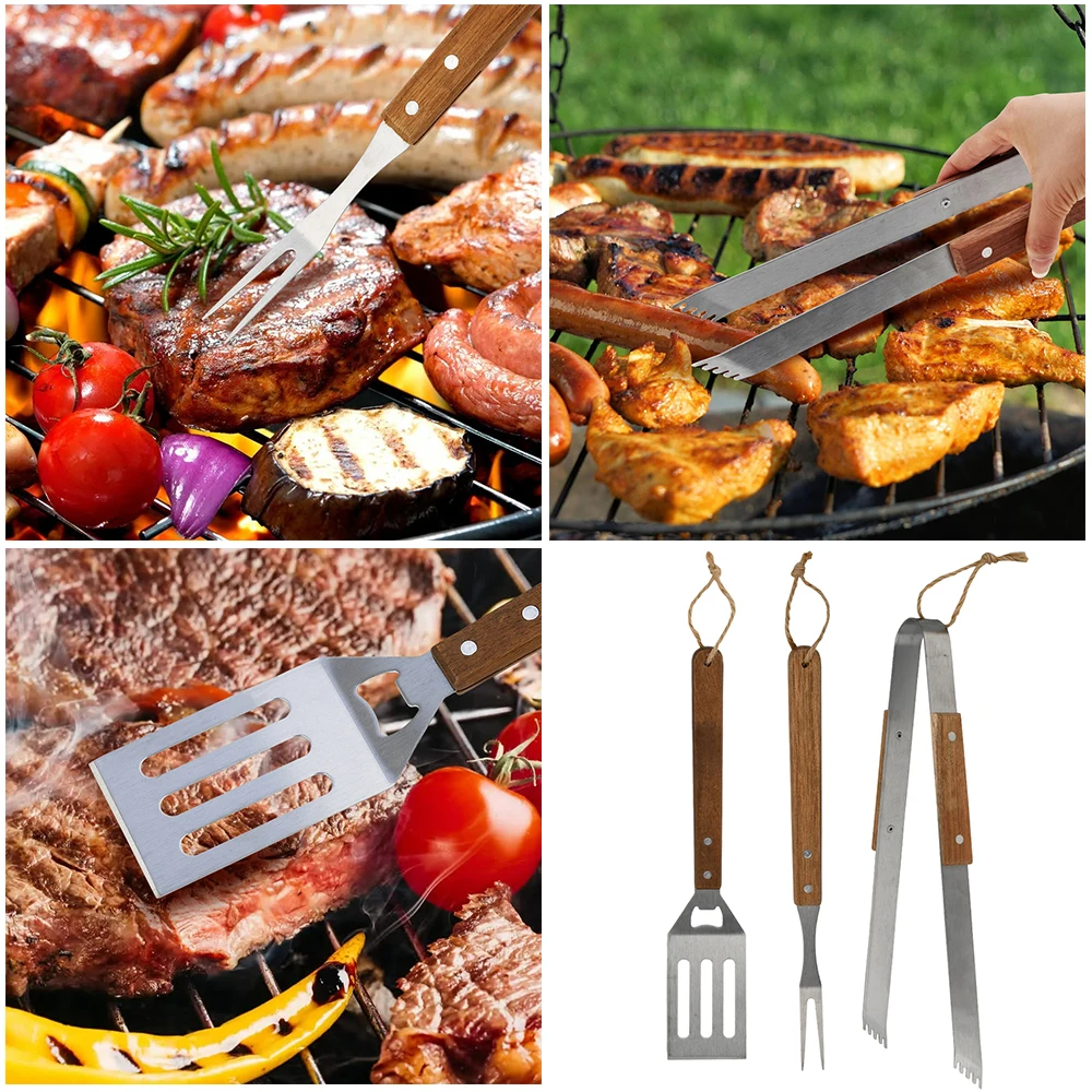 Churrasco Kit Barbecue Grill Utensil Tools Stainless Steel Spatula Fork Tongs 3Pcs BBQ Tool Set With Insulated Wooden Handle