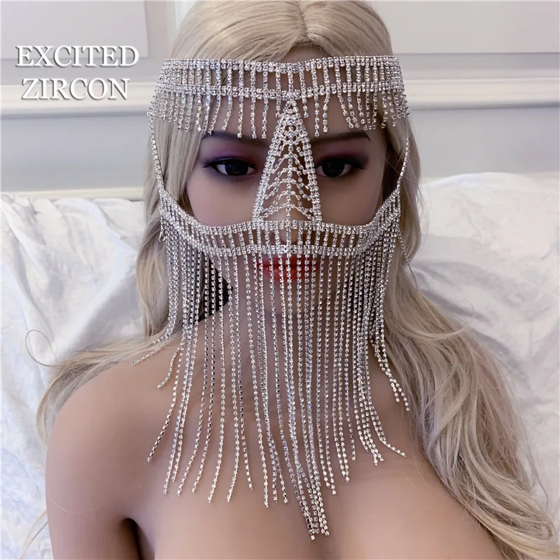 Best Selling Women Rhinestone Head Chains Long Tassel Full Face Cover Water Drop Head Wear Headdress Accessories Hair Jewelry